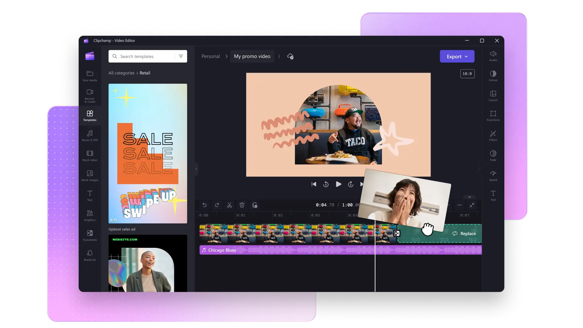Et billede af Clipchamp-videoredigeringsværktøj med en skabelonindstilling. Der er et billede af en glad kvinde, der føjes til tidslinjen for videoredigering.