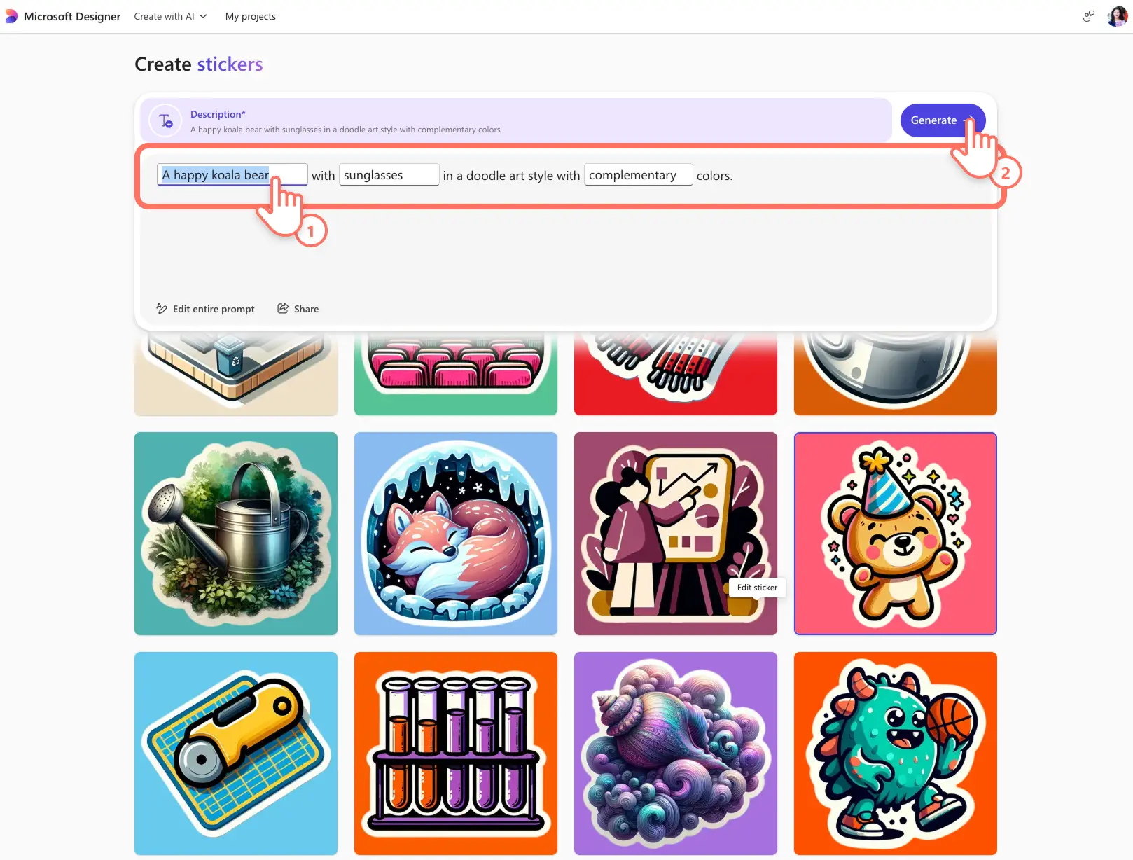 A user editing an AI prompt to generate a sticker in Microsoft Designer