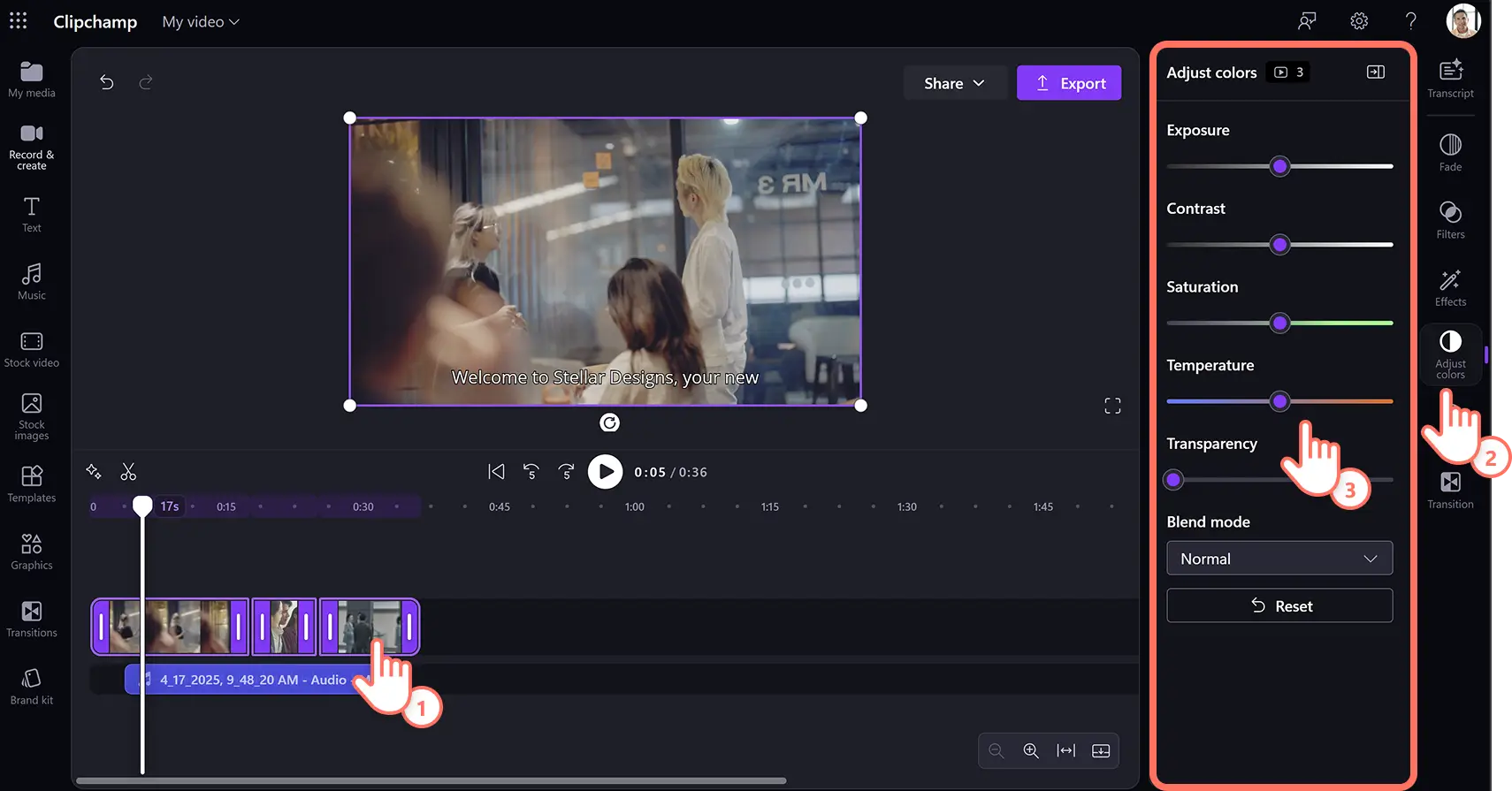 A user applying color correction to a corporate explainer video in Clipchamp for work.