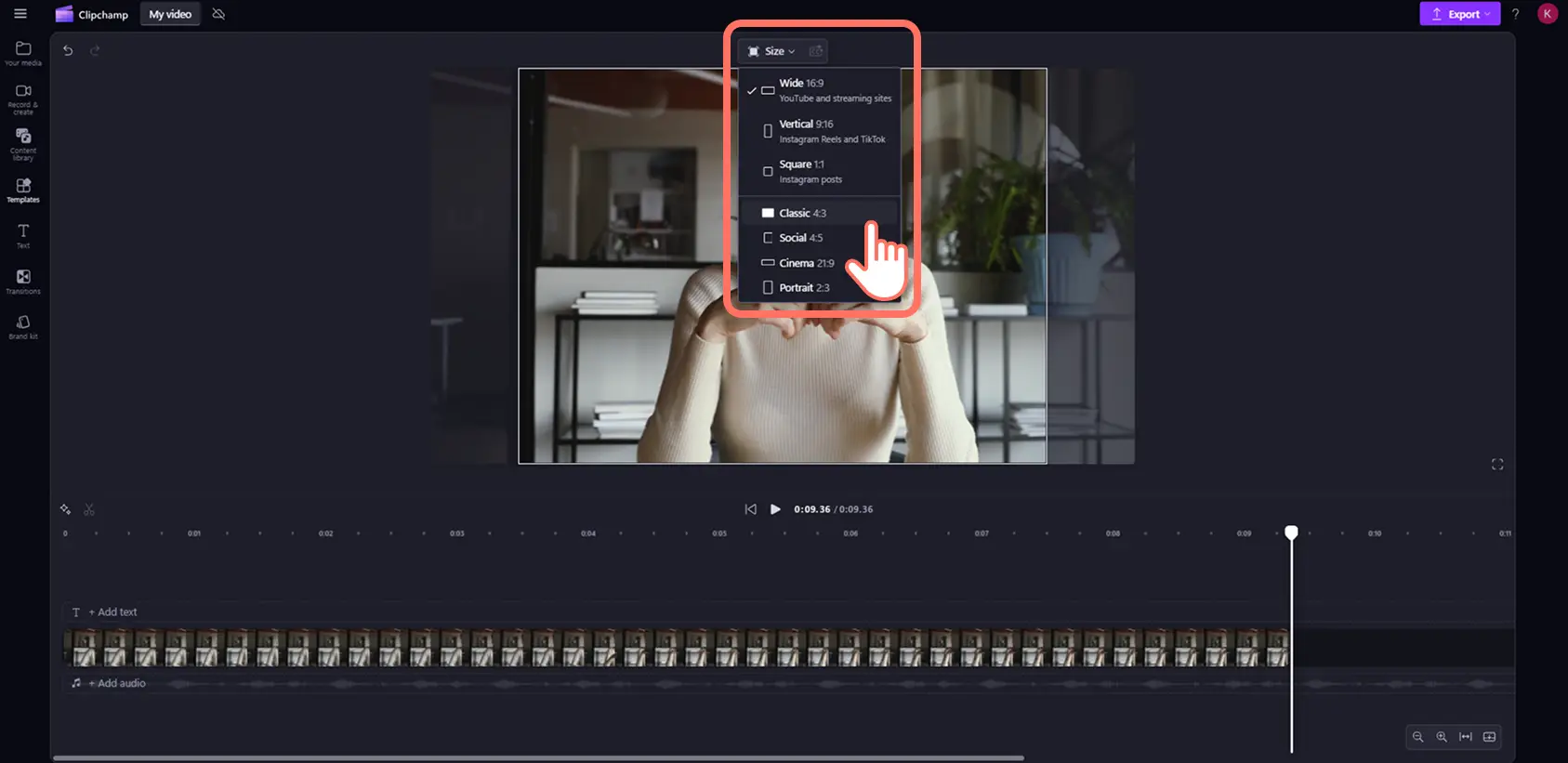 En bruger får forhåndsvist indstillinger for højde-bredde-forhold for video i Clipchamp.