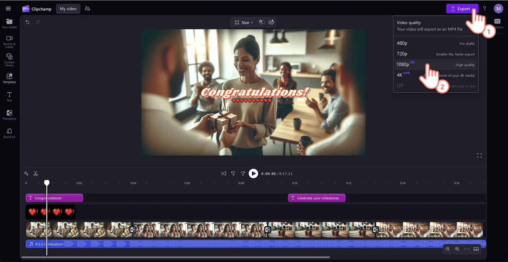 A user saving a slideshow video in high quality in Clipchamp