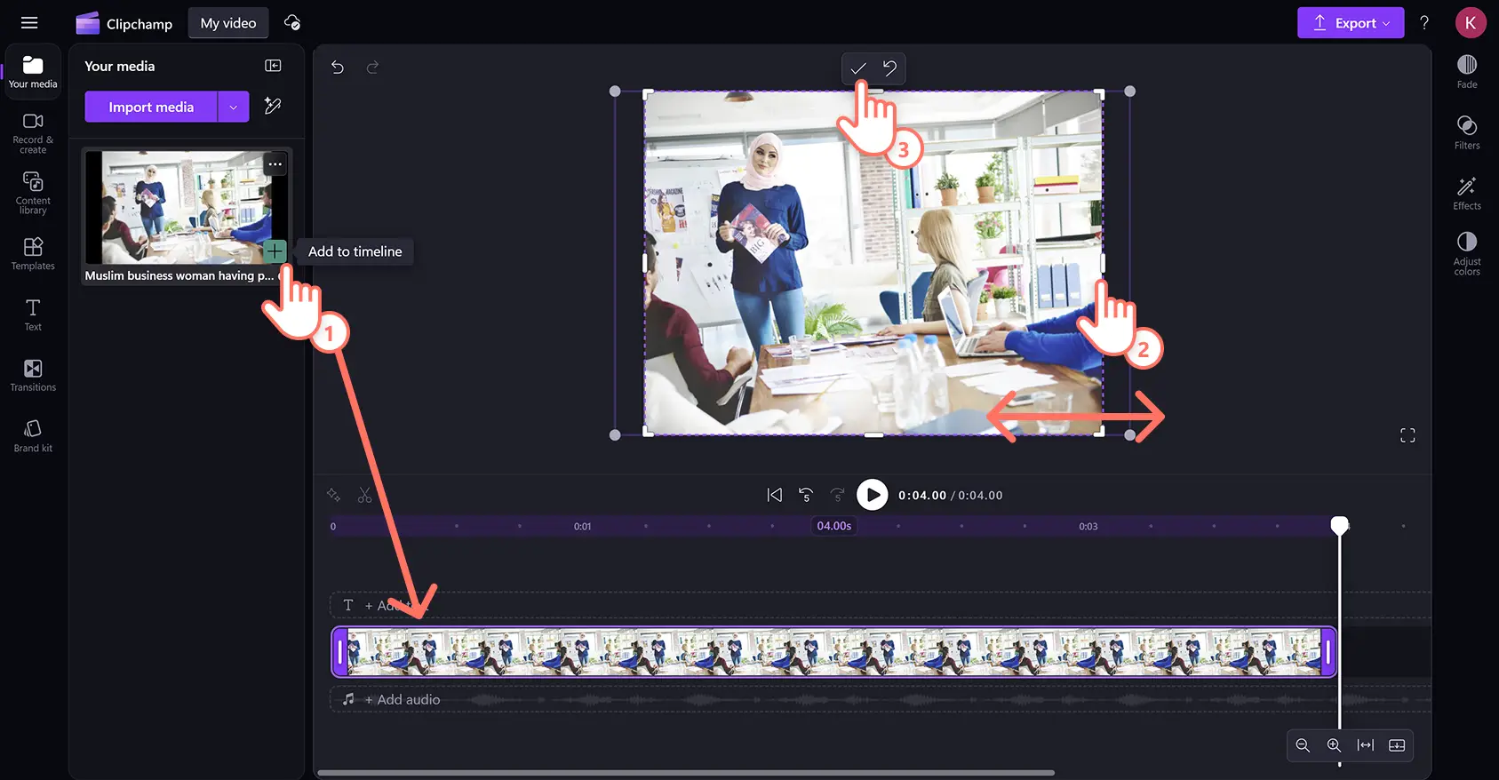 En bruker som bruker bildebeskjæringsverktøyet i videoredigeringsprogrammet Clipchamp.