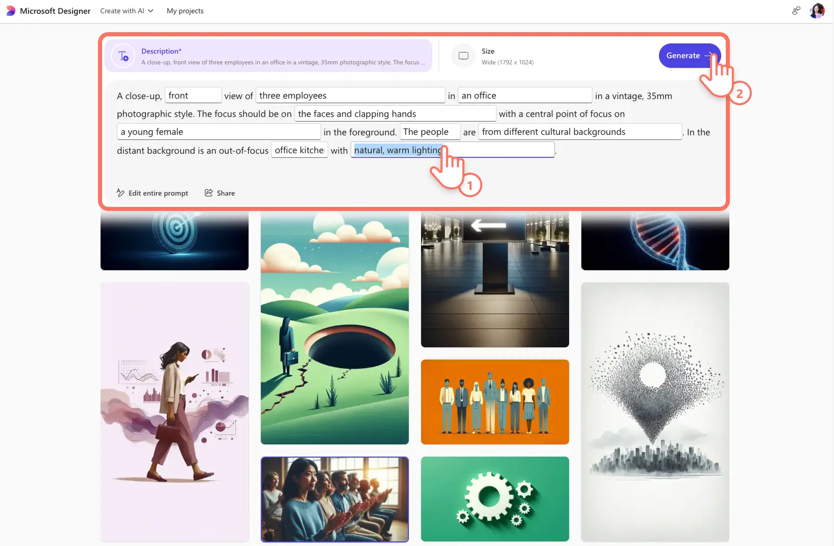 A user editing an AI image generation prompt inside Microsoft Image Creator tool.