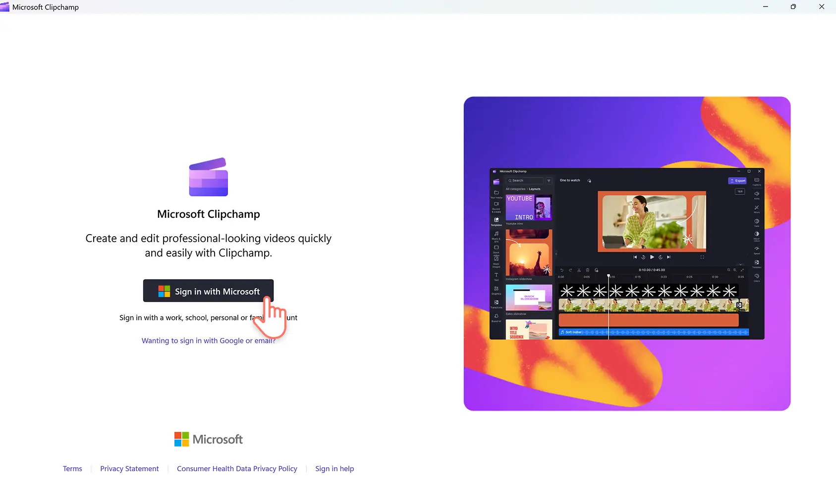 A user signing into the Microsoft Clipchamp Windows app on Windows 11.