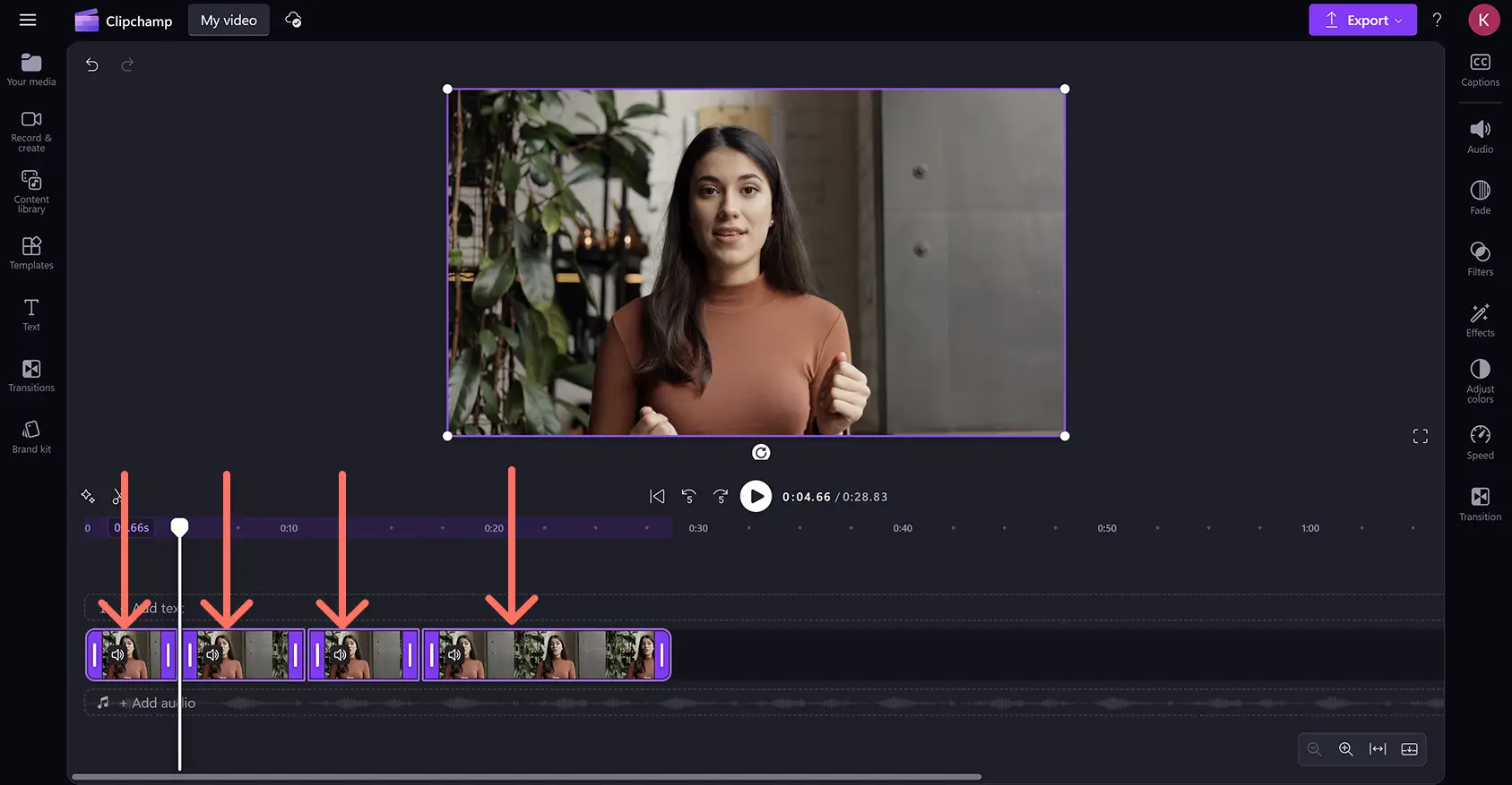 A view of trimmed and split video clips in the timeline in Clipchamp video editor. 