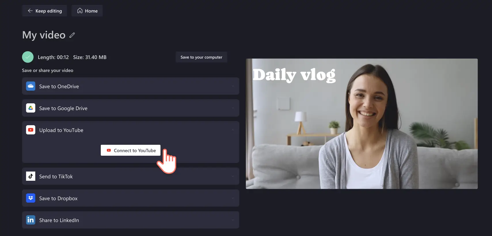 Κοινοποίηση απευθείας στο youtube με σύνδεση στο clipchamp