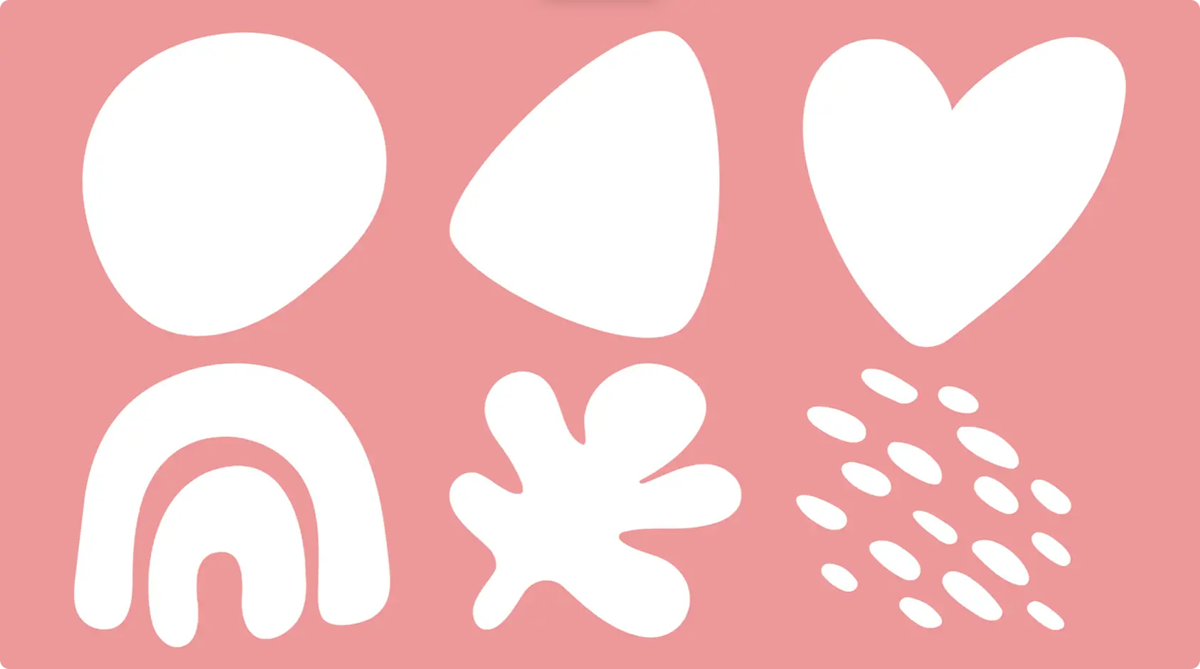 Six white organic shapes on a red background.