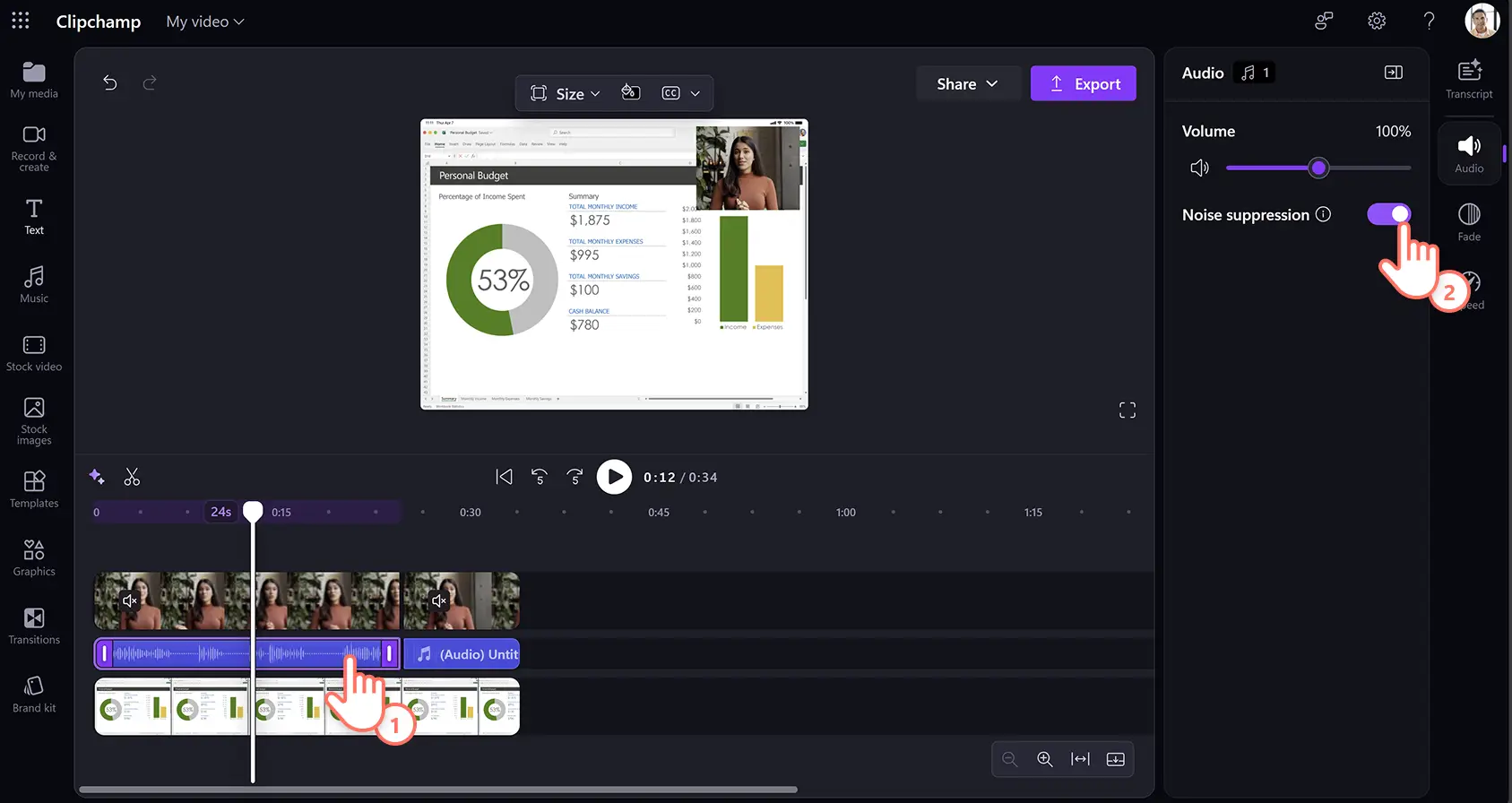En bruker som bruker KI-støydemping i en produktdemovideo i Clipchamp for arbeid.
