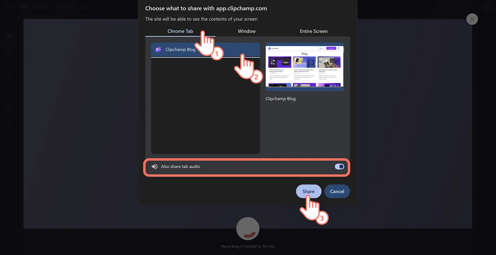 A user selecting a Chrome tab to record with the screen recorder in Clipchamp video editor.